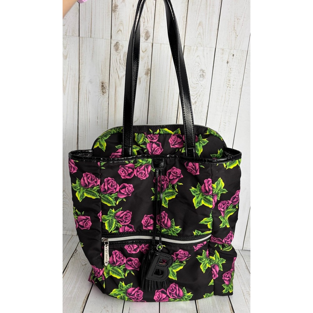 Betsey Johnson black‎ with pink roses tote/backpack Tassel "B" Charm NWOT